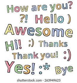 Color words: awesome, hello, hi, how are you, yes, bye, thanks, thank you.  Vector illustration.