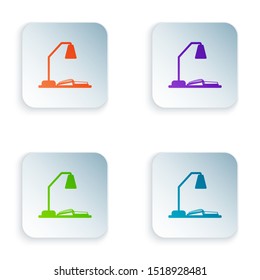 Color Workplace with table lamp and open book icon isolated on white background. Table office lamp. Set icons in colorful square buttons. Vector Illustration