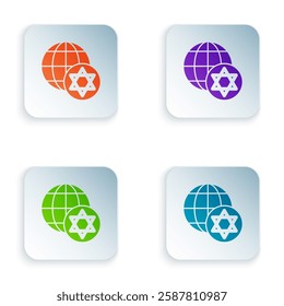 Color World Globe and Israel icon isolated on white background. Set colorful icons in square buttons. Vector