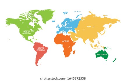 Color World map with continent borders. Vector illustration.