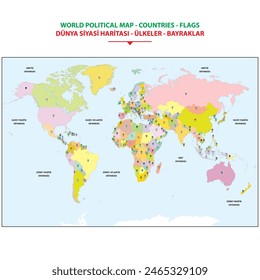 Color world map with the names of countries and national flags. Political map.