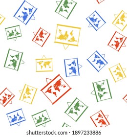 Color World map on a school blackboard icon isolated seamless pattern on white background. Drawing of map on chalkboard. Vector.