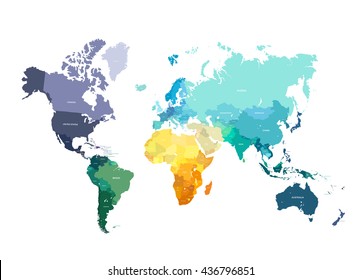 Color World Map Vector Illustration. Empty template with country names text. Isolated on white background with different colors of continents and countries.