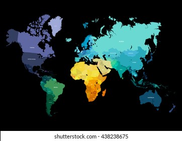 Color World Map Vector Illustration. Empty template with country names text. Isolated on black background with different colors of continents and countries.