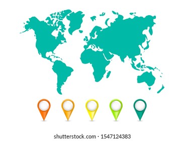 Color world map vector modern. Collection of 3D map pointers with world map