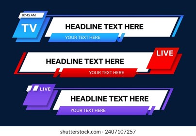 Color world news bar lower third tv header, headlines display essential information on television broadcasts. Vector video titles, blue, red and purple overlay. Isolated strips, layout with text