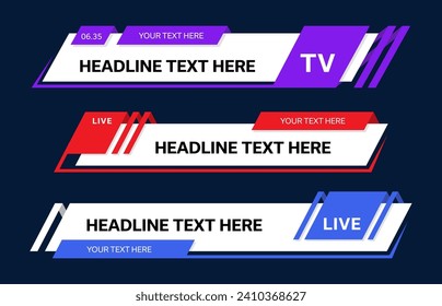 Color world news bars and lower third TV headers or headline title banners for screen, vector templates. News bard for live broadcast, video channel text and name frames or lower third TV headers