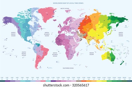 color worldwide vector map of local time zones