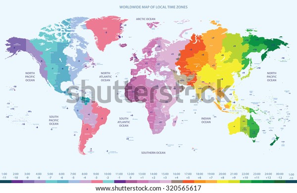 color worldwide\
vector map of local time\
zones