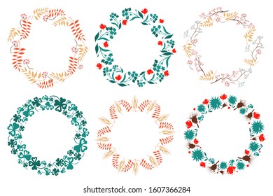 Color wreath set with hand drawn elements: leaves, flowers, branches and berries