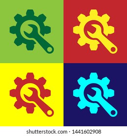 Color Wrench and gear icon isolated on color background. Adjusting, service, setting, maintenance, repair, fixing.  Vector Illustration