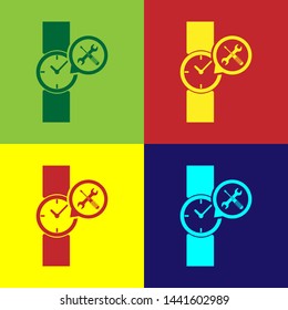 Color Wrist watch with screwdriver and wrench icon isolated on color background. Adjusting, service, setting, maintenance, repair, fixing.  Vector Illustration