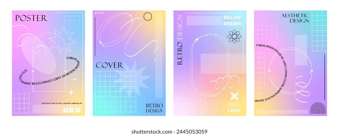 Color y2k aesthetic gradient brutal posters. Abstract hologram modern backgrounds with brutalism elements. Vector vertical cover templates with geometric figures, shapes and iridescent pastel colors