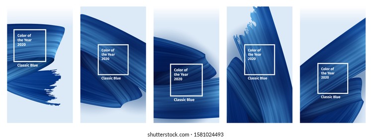 Color of the year 2020 vector social blog post template. Vertical Stories template. Classic Blue Color brush paint posters. Blue Realistic 3d render brush strokes. Abstract illustration.