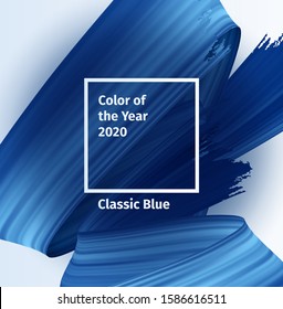 Color of the year 2020 vector social blog post template. Classic Blue Color trend brush paint poster. Blue Realistic 3d render brush strokes. Abstract illustration.
