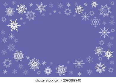Color of the year 2022, very peri purple background with snowflakes frame, place for text
