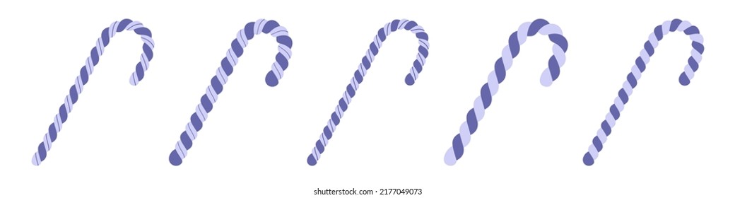 Color of year 2022 Very Peri Christmas candy canes. Violet striped sweet stick. Vector cartoon Illustration in flat style. Christmas and New Year vector icon. Xmas symbol