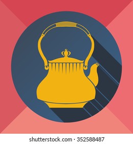 The color yellow pink blue flat image kettle for making tea and coffee on a colored background