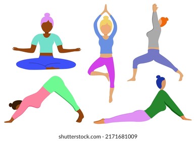 Color yoga set. Multiracial girls doing yoga in different positions. Vector image without background.