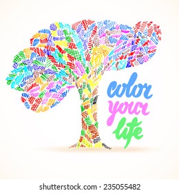 Color your life hand drawn brush lettering with simple sticks tree design