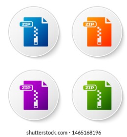 Color ZIP file document. Download zip button icon isolated on white background. ZIP file symbol. Set icons in circle buttons. Vector Illustration