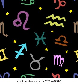 Color zodiac signs against a dark background seamless texture