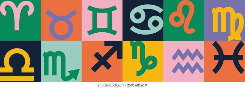 Color zodiac signs: aquarius, libra, leo, taurus, cancer, pisces, virgo, capricorn, sagittarius, aries, gemini, scorpio. Zodiacal vector horoscope