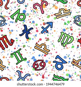 Color zodiac signs seamless vector pattern. Zodiac icons astrological background. Horoscope symbols . Seamless pattern. Vector illustration