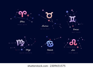 Color zodiacal sings of Aries, Taurus, Gemini, Cancer, Leo and Virgo with constellations, dates and hand drawn lettering on deep blue background. Flat vector illustration EPS 10.