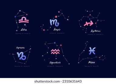 Color zodiacal sings of Libra, Scorpio, Sagittarius, Capricorn, Aquarius and Pisces with constellations, dates and hand drawn lettering on deep blue background. Flat vector illustration 
EPS 10.