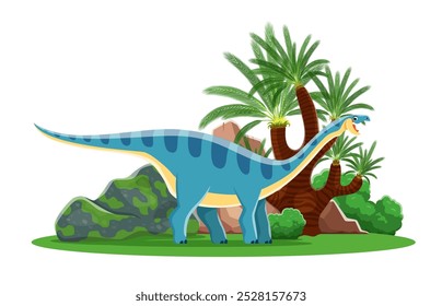 Coloradisaurus Cartoon prähistorischen Dinosaurier-Charakter aus der Spättrias-Zeit. Isolierte Vektor alten Pflanzenfresser Reptil Tier in der üppigen tropischen Landschaft mit Palmen und Moos Felsen