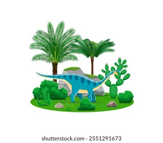 Caractere de dinossauro pré-histórico do Coloradisaurus do período Triássico Superior. Animal réptil herbívoro antigo vetor isolado dos desenhos animados na exuberante paisagem tropical com palmeiras, musgo e rochas