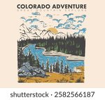 Colorado adventure. The great outdoor. Take a hike vector print design. Wild lake artwork for posters, stickers, background and others. Outdoor vibes illustration. Adirondack Mountains.