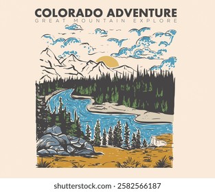 Colorado adventure. The great outdoor. Take a hike vector print design. Wild lake artwork for posters, stickers, background and others. Outdoor vibes illustration. Adirondack Mountains.