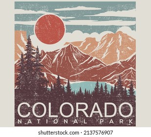 Colorado adventure vintage print design for t shirt and others. National park graphic artwork for sticker, poster, background. 