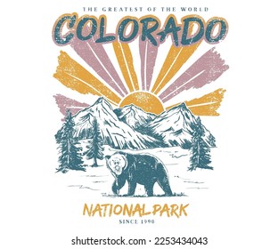 Colorado adventure vintage print design for t shirt and others. National park graphic artwork for sticker, poster, background. Beer vector print. - Shutterstock ID 2253434043