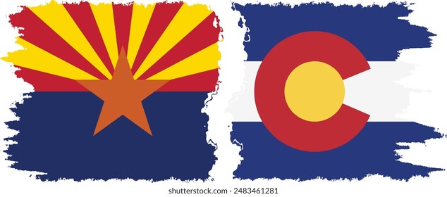 Colorado and Arizona states grunge brush flags connection, vector