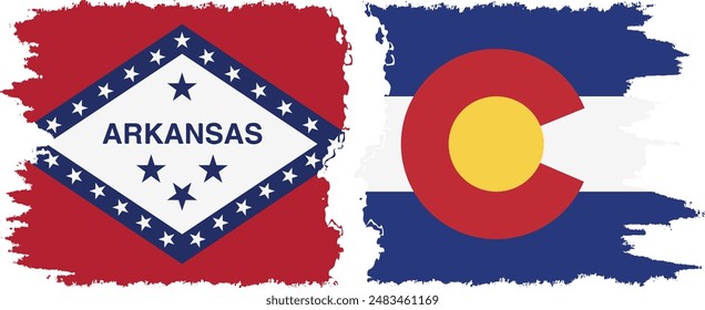 Colorado and Arkansas states grunge brush flags connection, vector