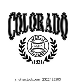 Colorado, aspen city, tournament, 1975.
white background, letters and details in black.
Fashion Design, Vectors for t-shirts and endless applications.