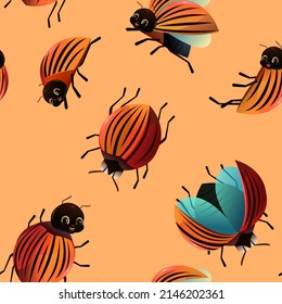 Colorado beetle. Seamless pattern. View from the back. Wildlife object. Little funny insect. Cute cartoon style. Vector.