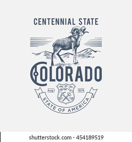 Colorado Centennial State, stylized emblem of the state of America, Ram, blue color