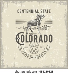 Colorado Centennial State, stylized emblem of the state of America, Ram, vintage