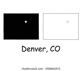Colorado CO state Map USA with Capital City Star at Denver. Black silhouette and outline isolated maps on a white background. EPS Vector