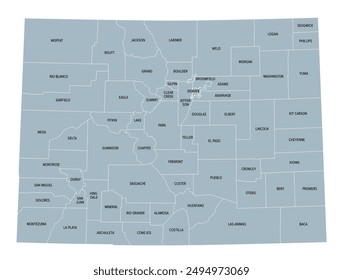 Condados de Colorado, mapa político gris con fronteras y nombres de condados. Estado de la subregión de la Montaña Occidental de los Estados Unidos, subdividido en 64 condados. Apodado Estado Centenario. Ilustración