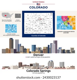 Colorado counties map and congressional districts since 2023 map. Denver and Colorado Springs cities skylines. Vector set