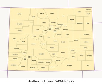 Condados de Colorado, mapa político con fronteras y nombres de condados. Estado de la subregión de la Montaña Occidental de los Estados Unidos, subdividido en 64 condados. Apodado El Estado Del Centenario. Ilustración