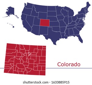 Colorado counties vector map with USA map colors national flag