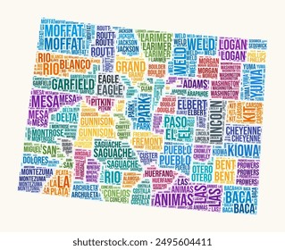 Colorado counties word cloud. State logo design. Counties typography style vector image. Colorado colored text cloud. Vibrant vector illustration.