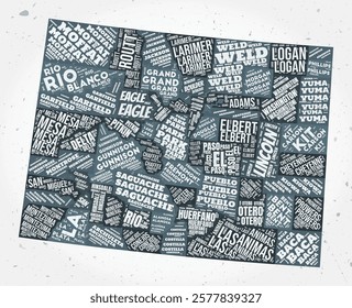 Colorado counties word clouds. State shape on textured background. Colorado design in typographic style. Classy vector illustration.