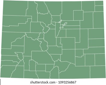 Colorado county map vector outline illustration green background. Colorado state of United States of America, USA, county map with highly detailed borders 